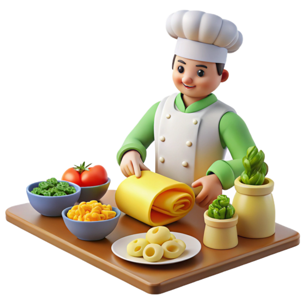 Cartoon Chef Preparing Pasta Dish with Vegetables png