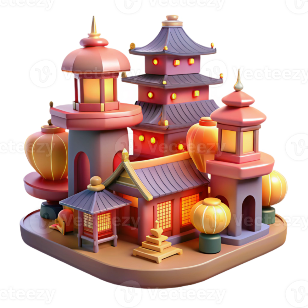 Asian Architecture, 3D Render, Illuminated Lanterns, Pagoda, Festive, Temple, Buildings, Night Scene, Cartoon Style png