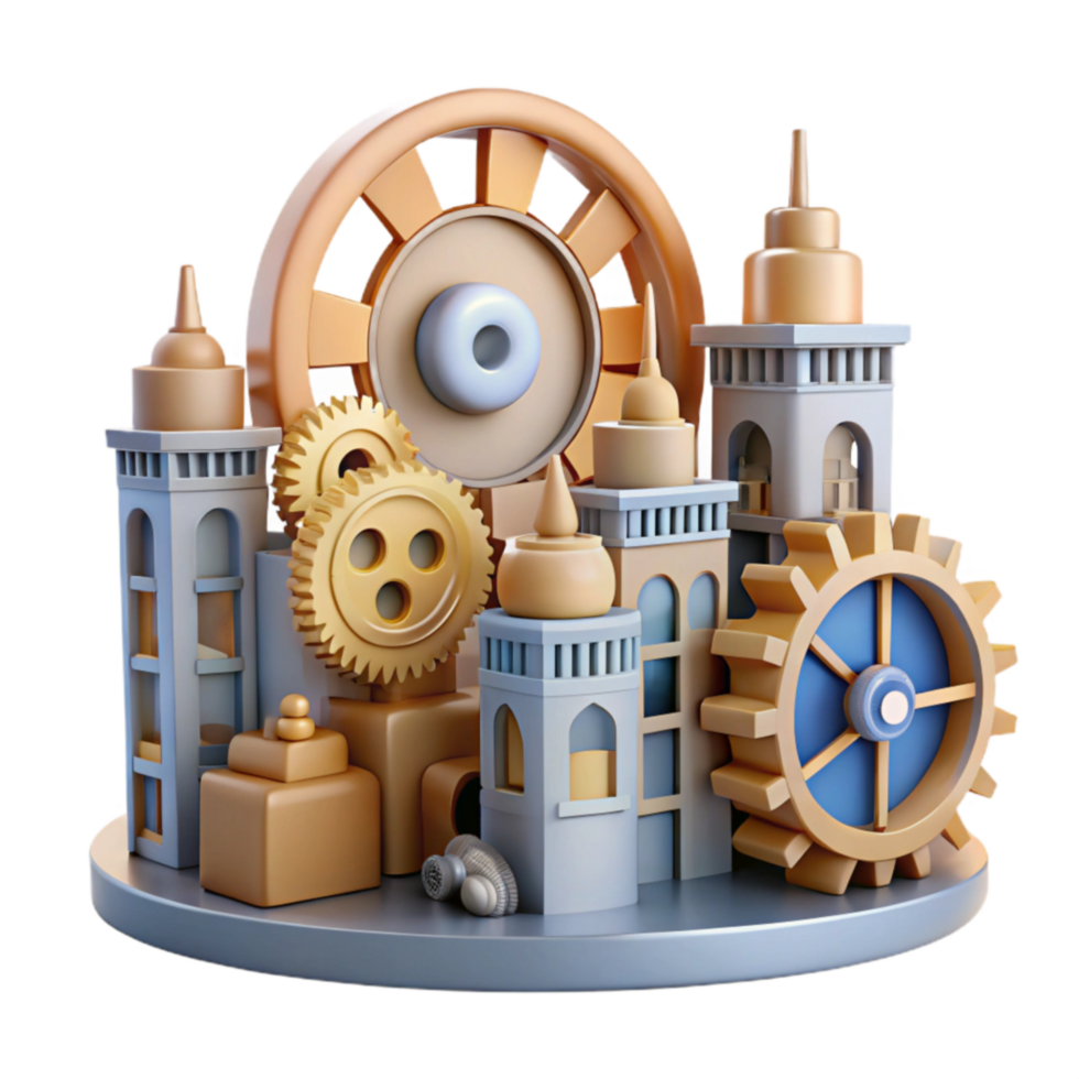 Whimsical Gears Architectural Wonders A 3D Render png