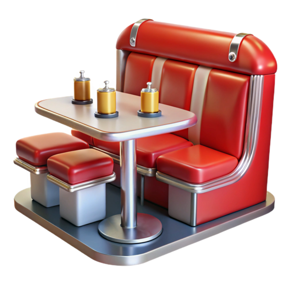 Retro Diner Booth Red Seating, Table, and Stools png