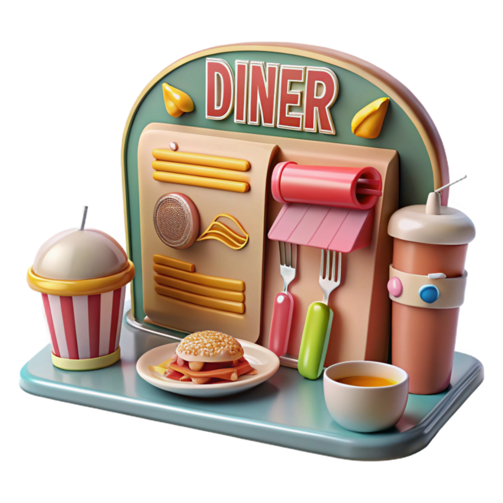 Retro Diner 3D Render of a Fun Food Scene png