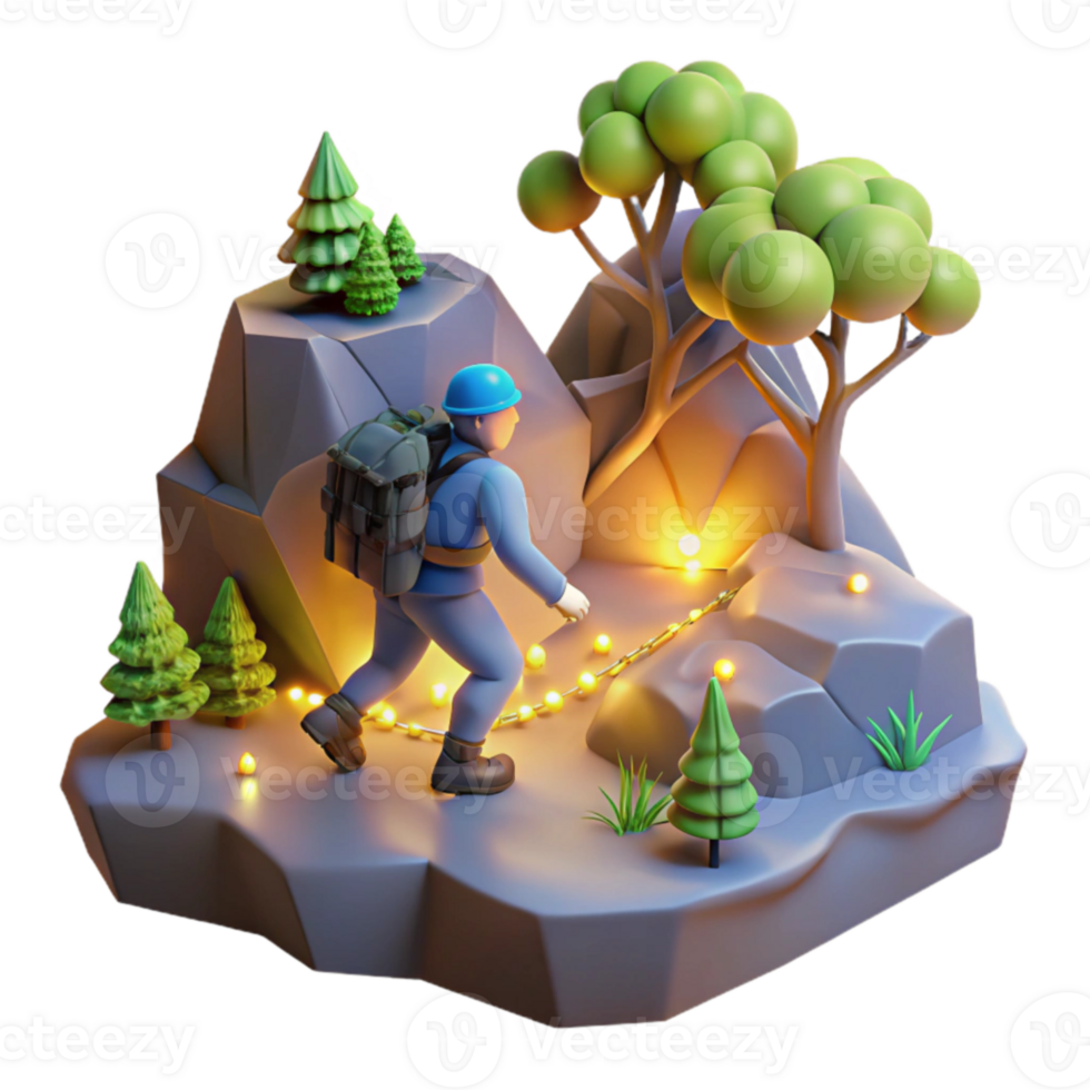Night Hiker on Mountain Path with Lights png
