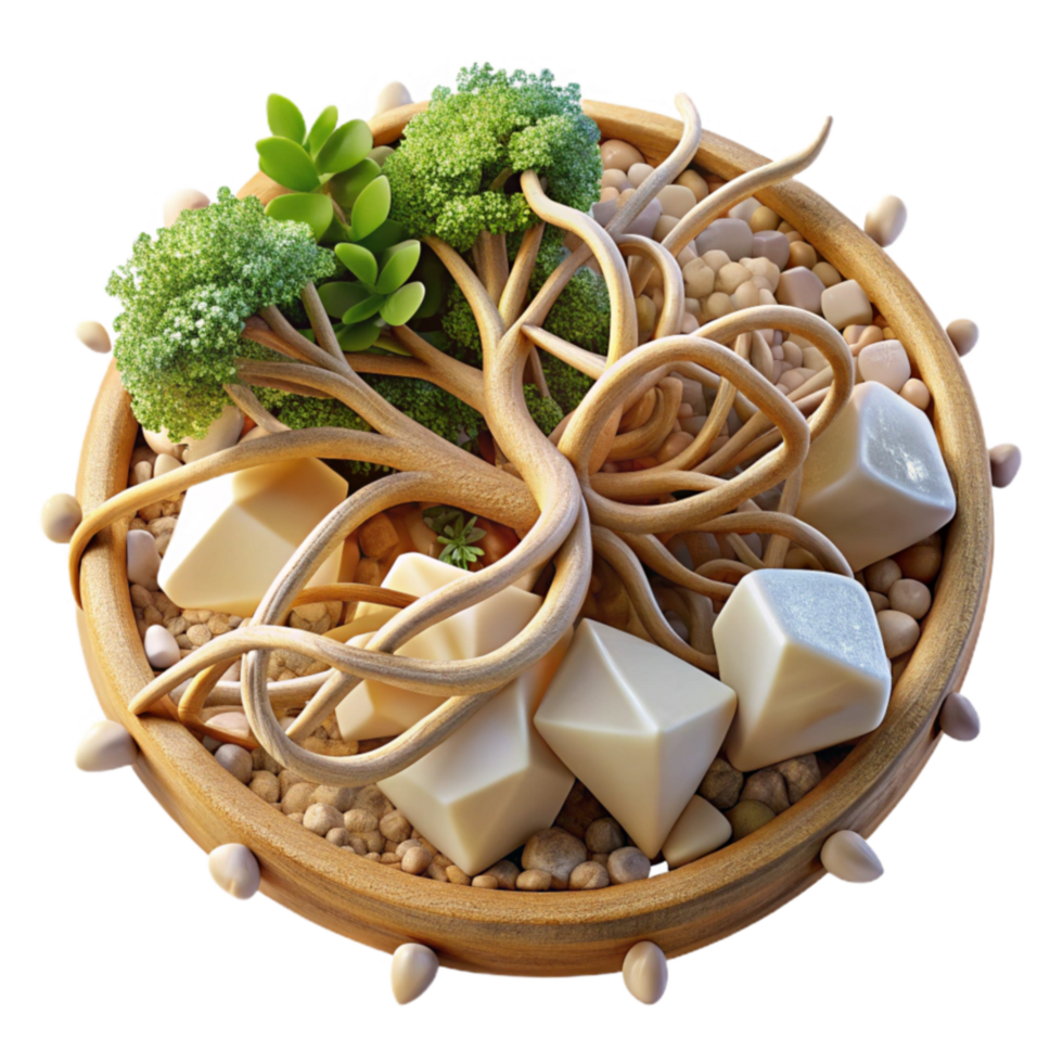 Abstract Tree of Life with Geometric Forms in Wooden Bowl png