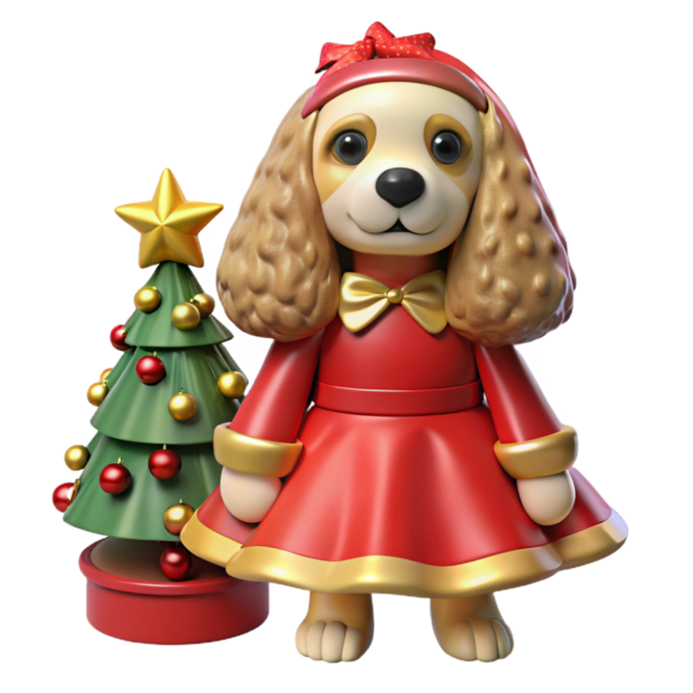 Adorable Cocker Spaniel in Festive Dress and Christmas Tree png