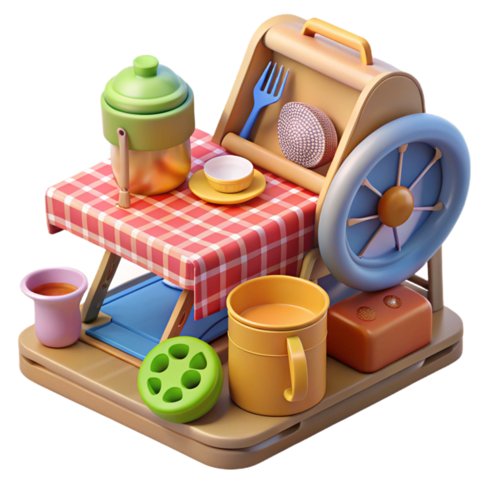 Portable Picnic Table with Utensils and Drinks png