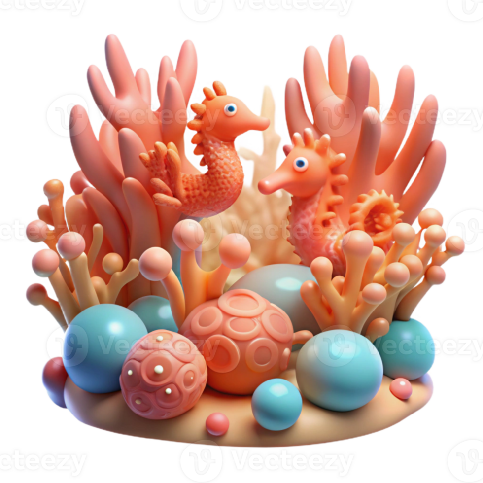 Seahorses in Coral Reef 3D Render of Ocean Life png
