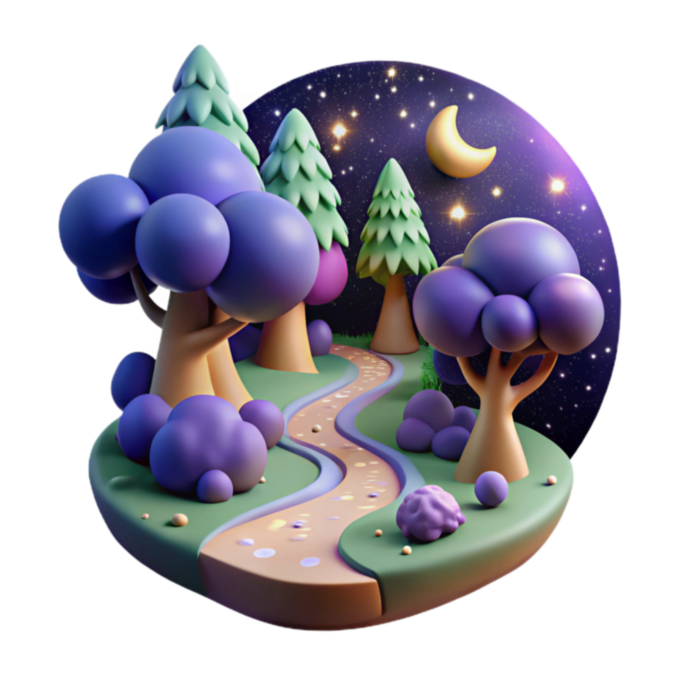 Enchanted Night Forest Path 3D Render png