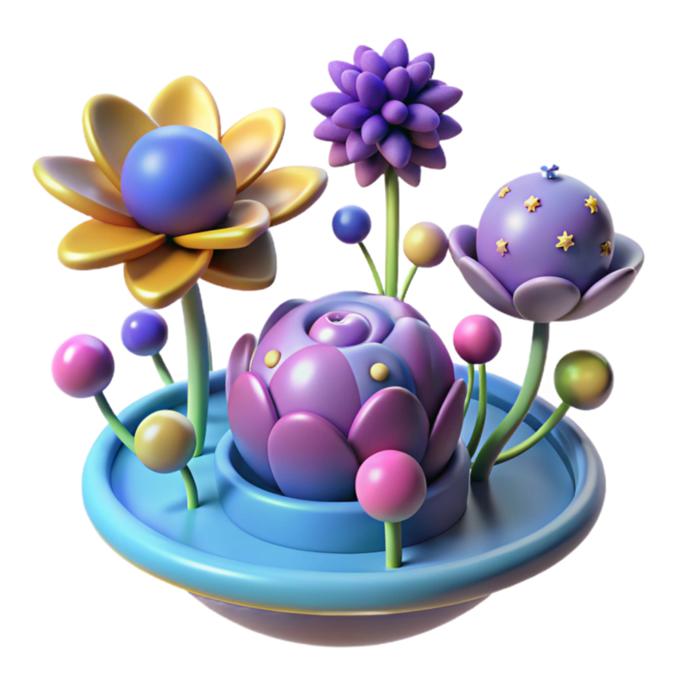 Whimsical 3D Floral Arrangement Fantasy Flowers in a Colorful Pond png