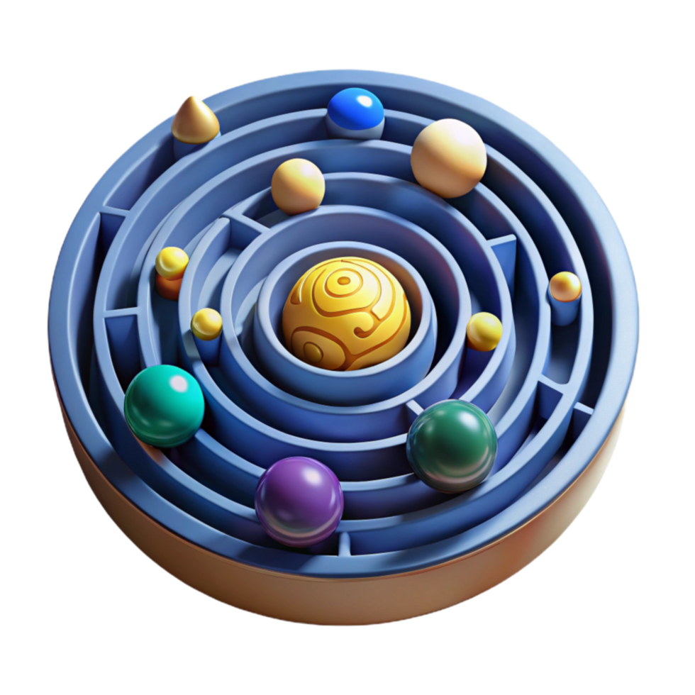 3D Circular Maze Puzzle with Colorful Spheres png