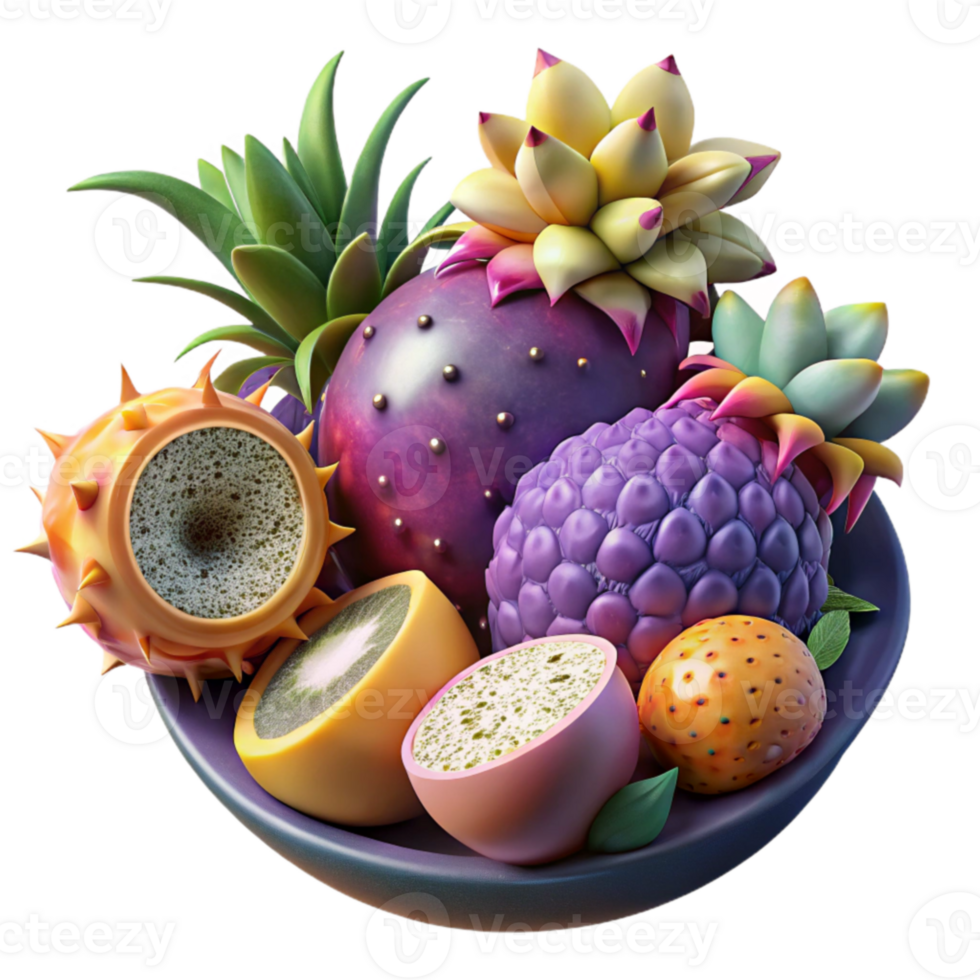 Vibrant Fruit Bowl Exotic, Colorful, and Surreal Still Life png