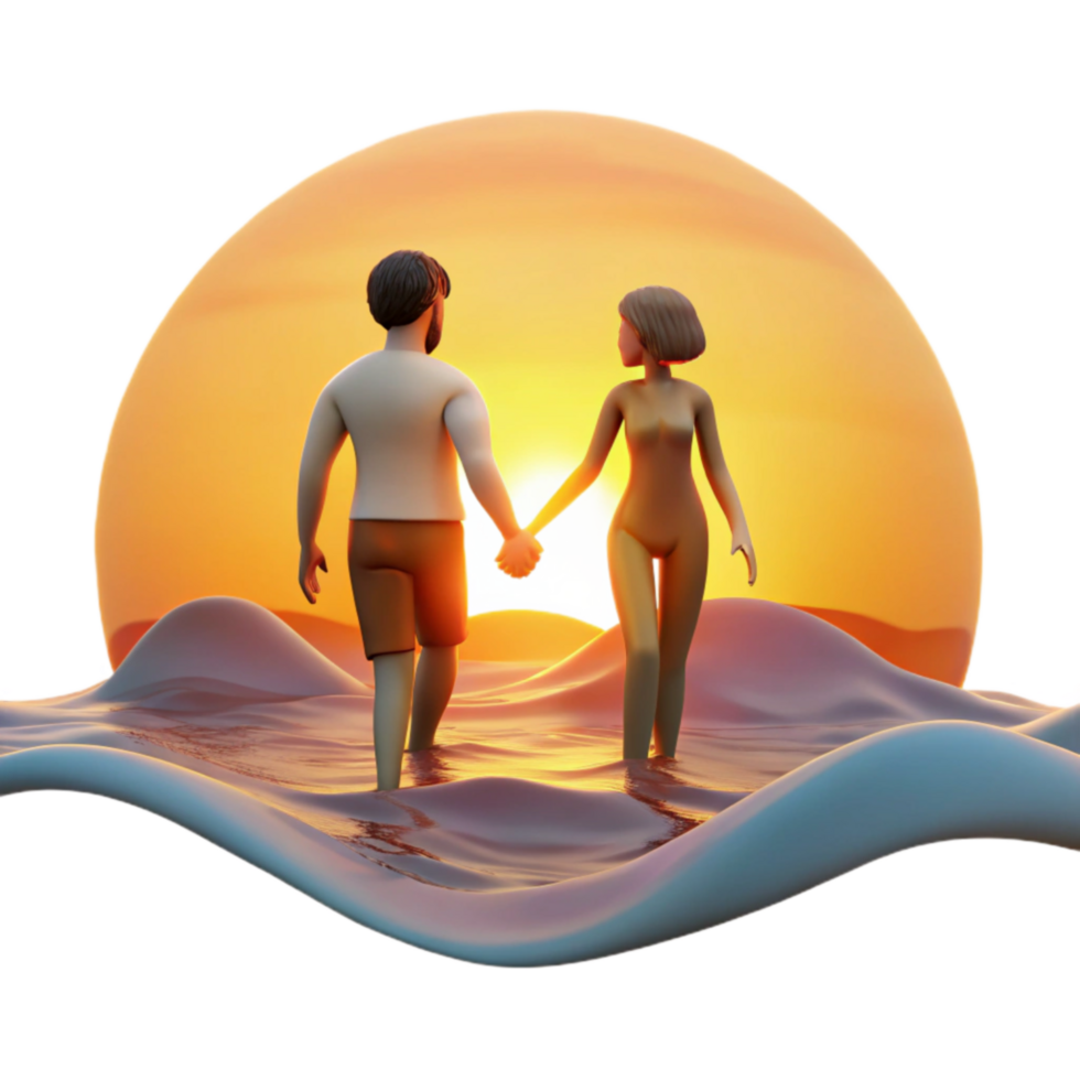 Couple Walking into Sunset on Beach png