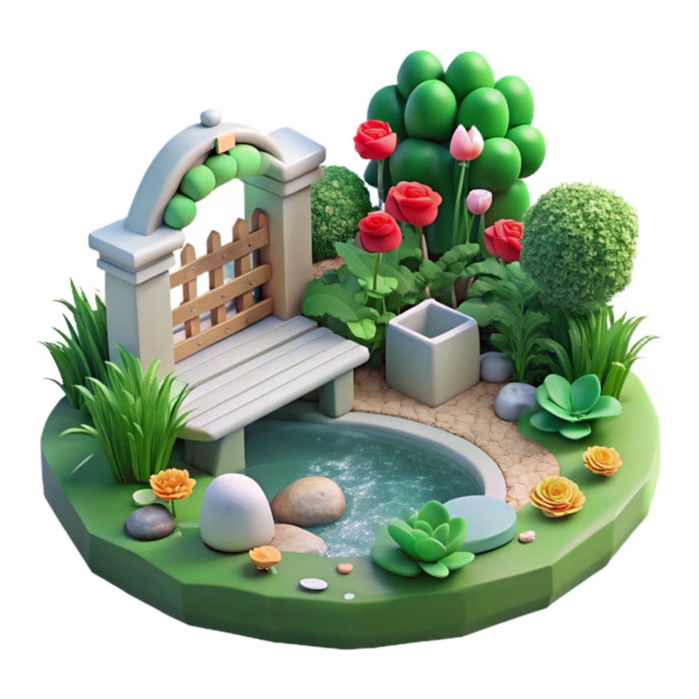 Charming Garden Pond with Bench and Arch png