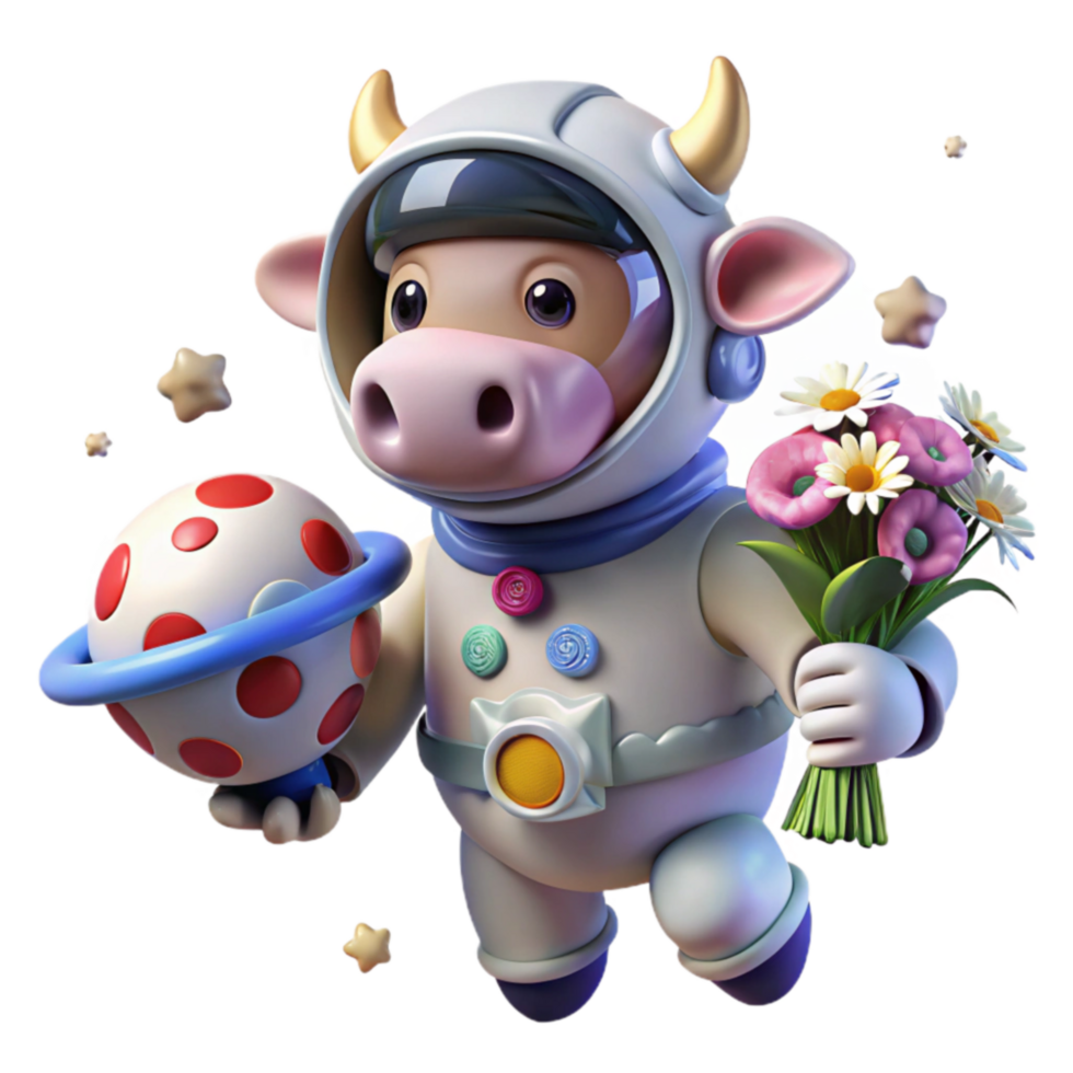 Adorable Cow Astronaut with Flowers and Planet png
