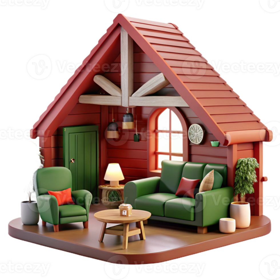 Cozy Cabin Living Room 3D Render of Rustic Interior Design png
