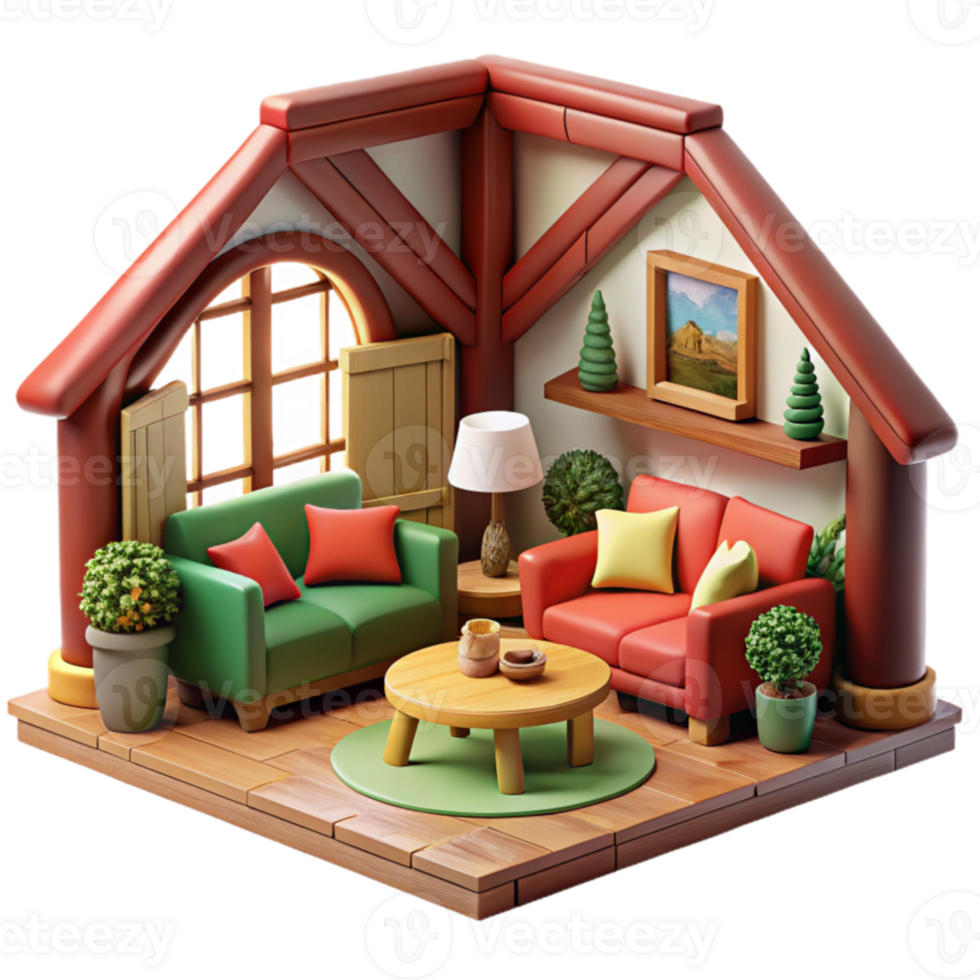 Cozy Living Room 3D Render of a Cottage Interior png