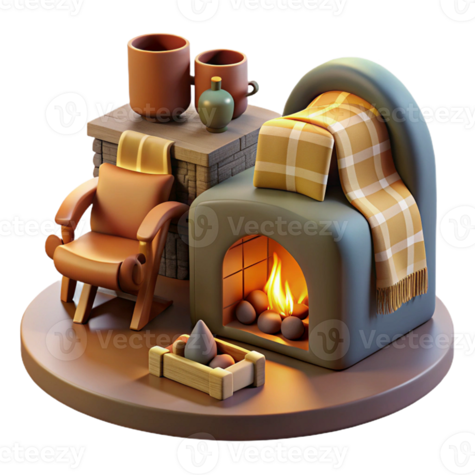 Cozy Fireplace Scene 3D Render of Autumnal Home Decor png
