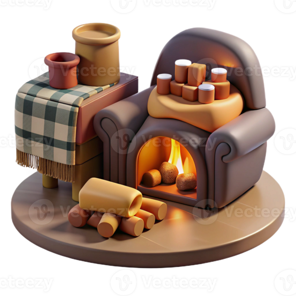 Cozy Fireplace Scene 3D Render of Winter Home png