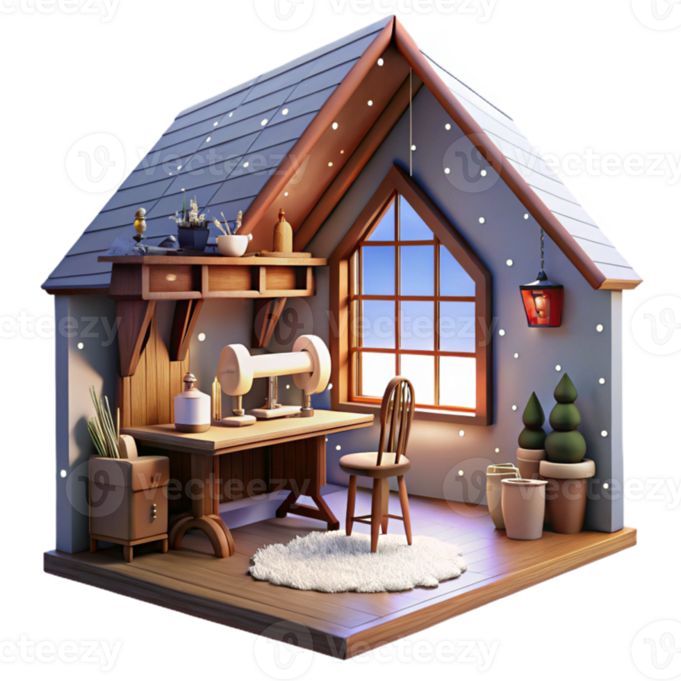 Cozy Winter Sewing Studio A 3D Render png