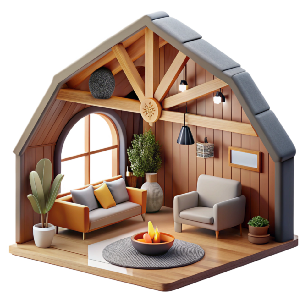 Cozy Cabin Living Room 3D Render of a Rustic Interior png