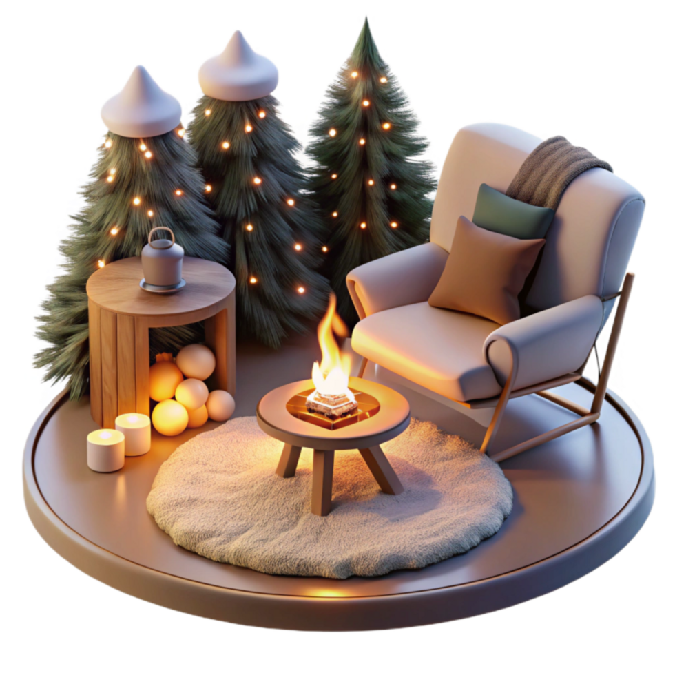 Cozy Winter Fireside Scene with Christmas Trees png
