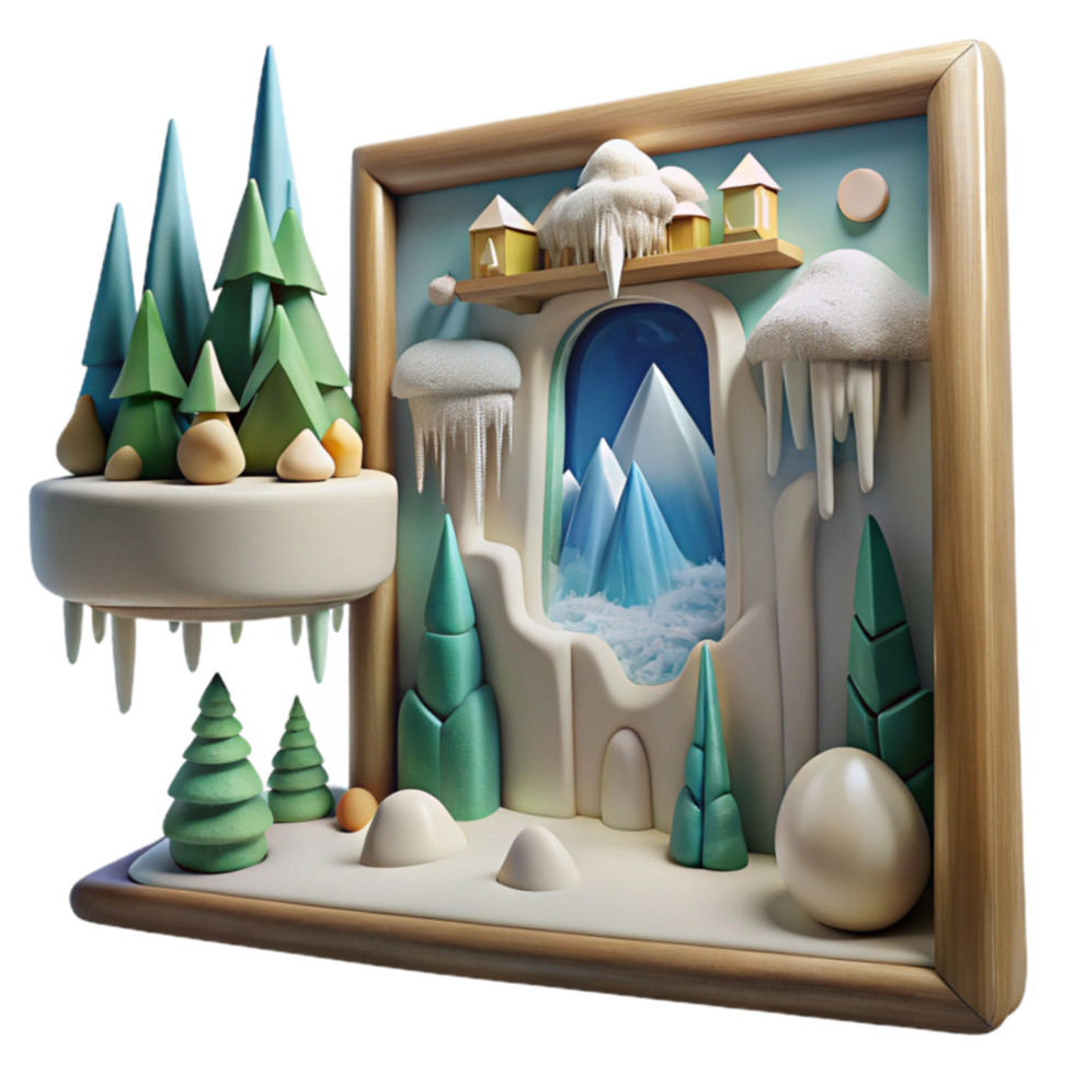 Winter Wonderland 3D Scene Snowy Mountains, Icy Peaks, and Pine Trees png