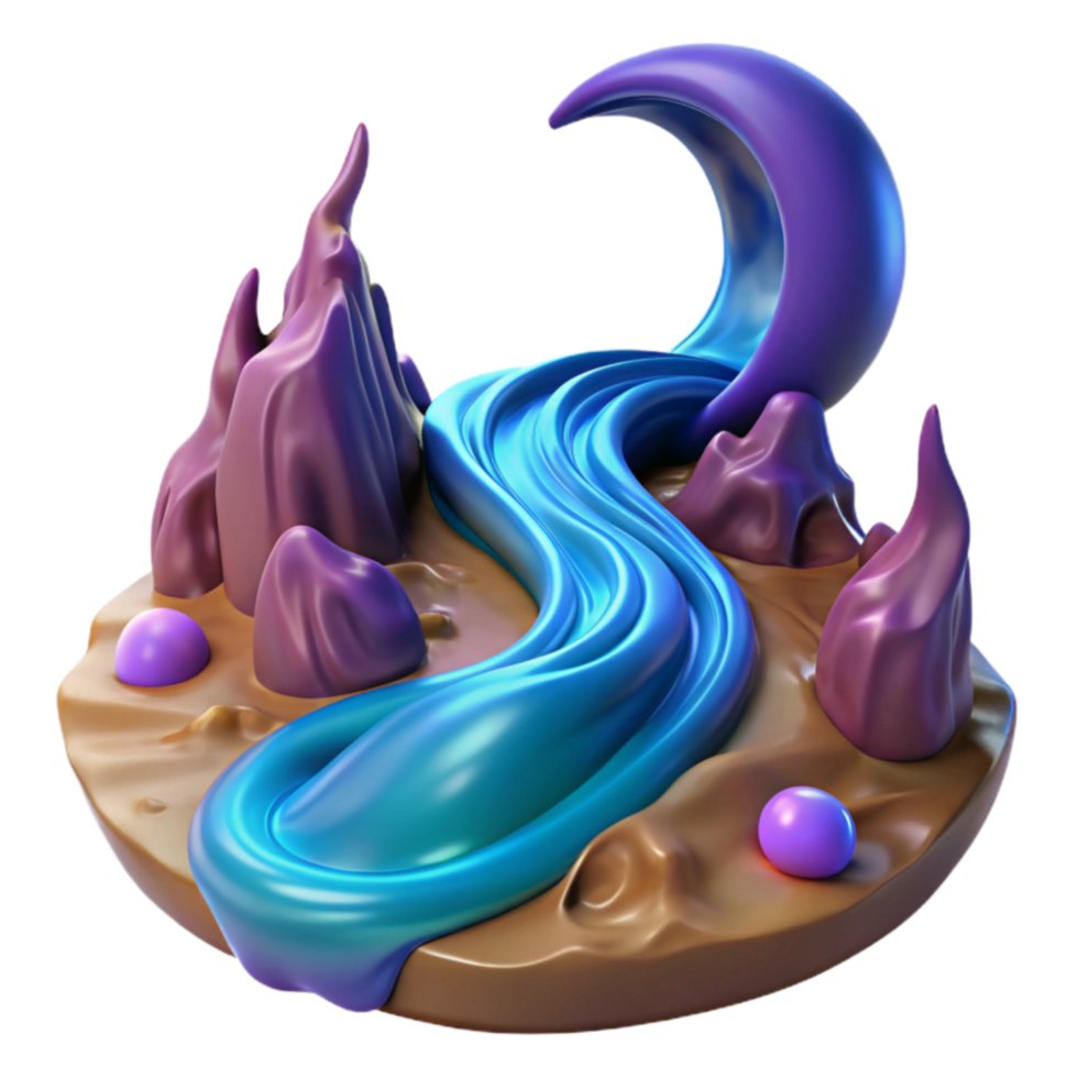 Fantasy Landscape Crescent Moon, Flowing River, and Mystic Mountains png