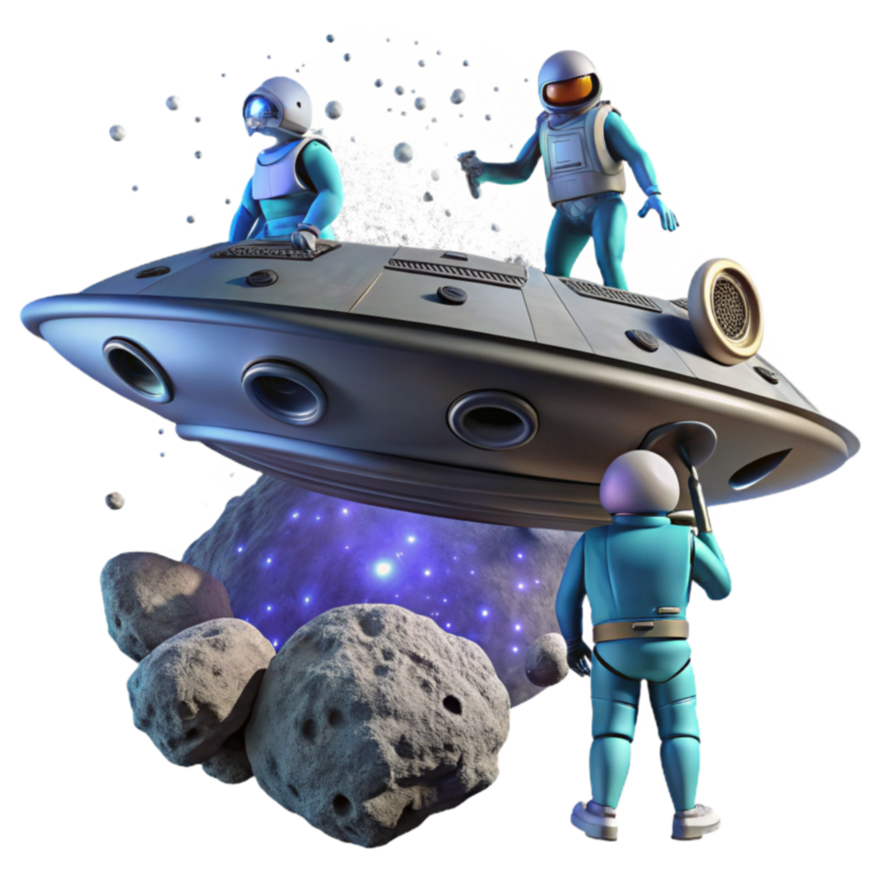 Astronauts Explore Asteroid Field in Retro Spaceship png