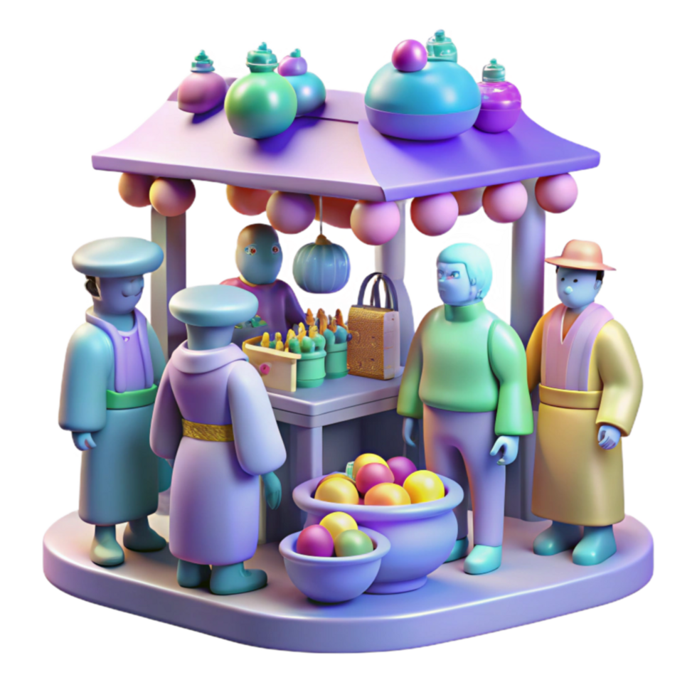 Pastel Market 3D Render of Colorful Characters and Goods png