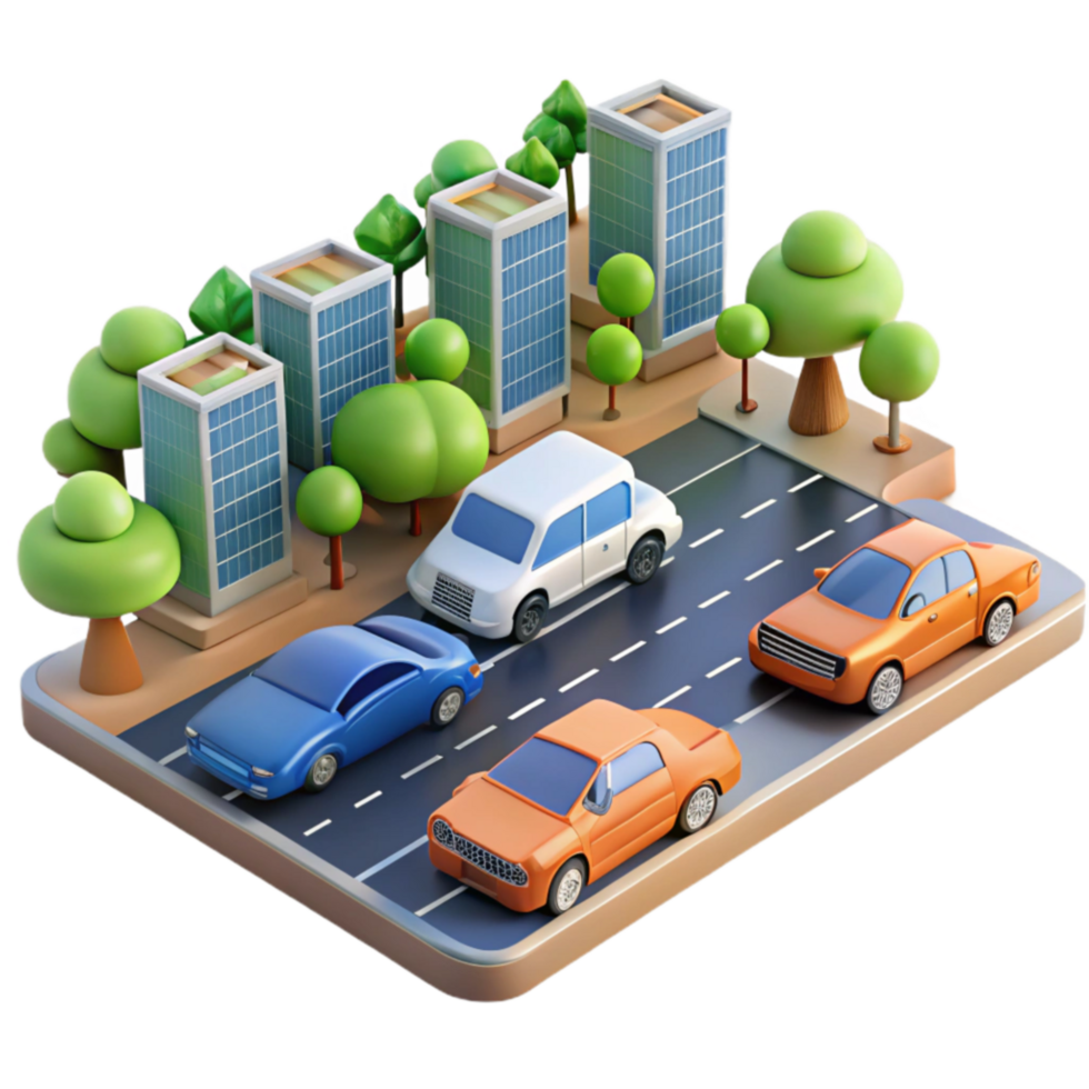Urban Cityscape Cars, Buildings, and Trees png