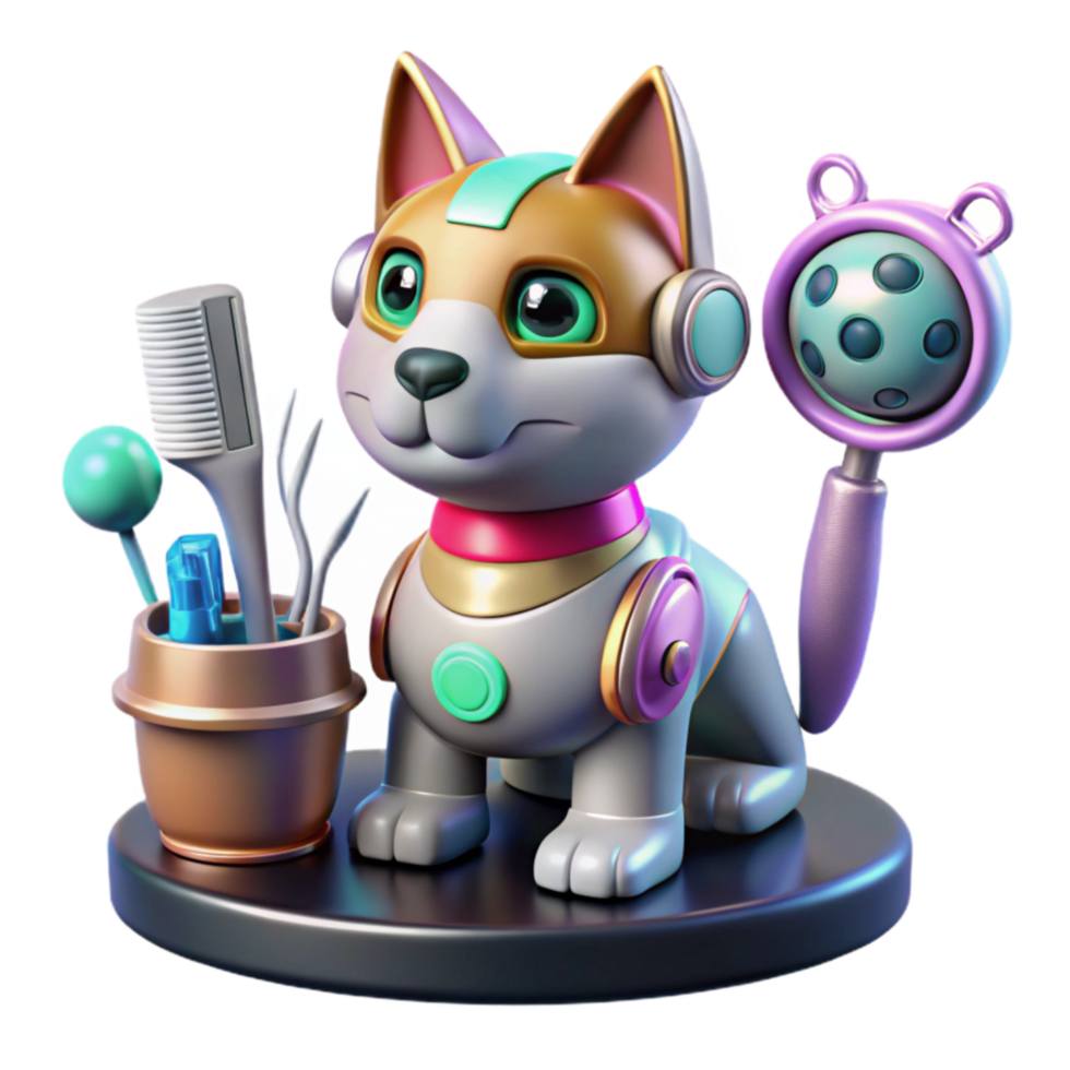 Adorable Robot Dog with Grooming Accessories png