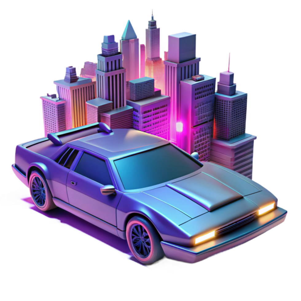 Retro City Nightscape 80s Sports Car and City Skyline png