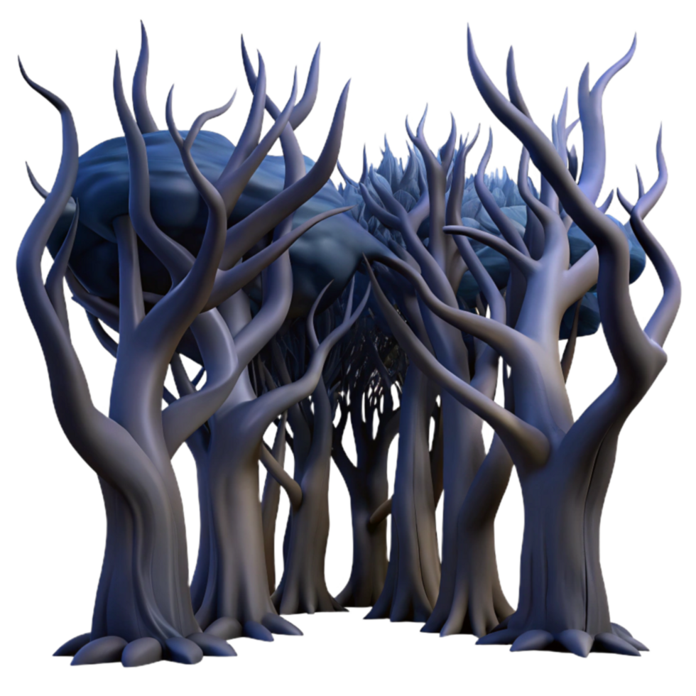 Twisted Trees, Dark Forest, Surreal Landscape, 3D Render, Mystical Woods, Creepy Atmosphere, Digital Art, Fantasy Setting, Eerie Scene, Night Sky png