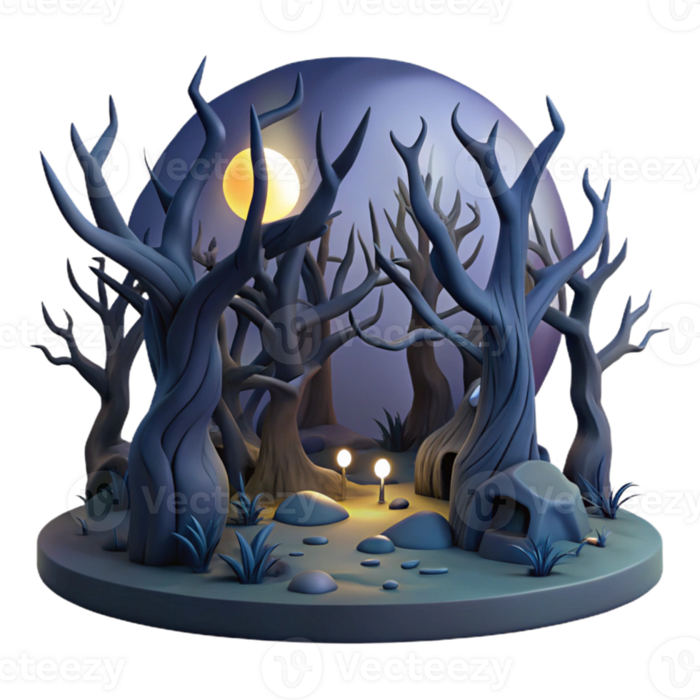 Enchanted Moonlit Forest 3D Render of Spooky Trees png