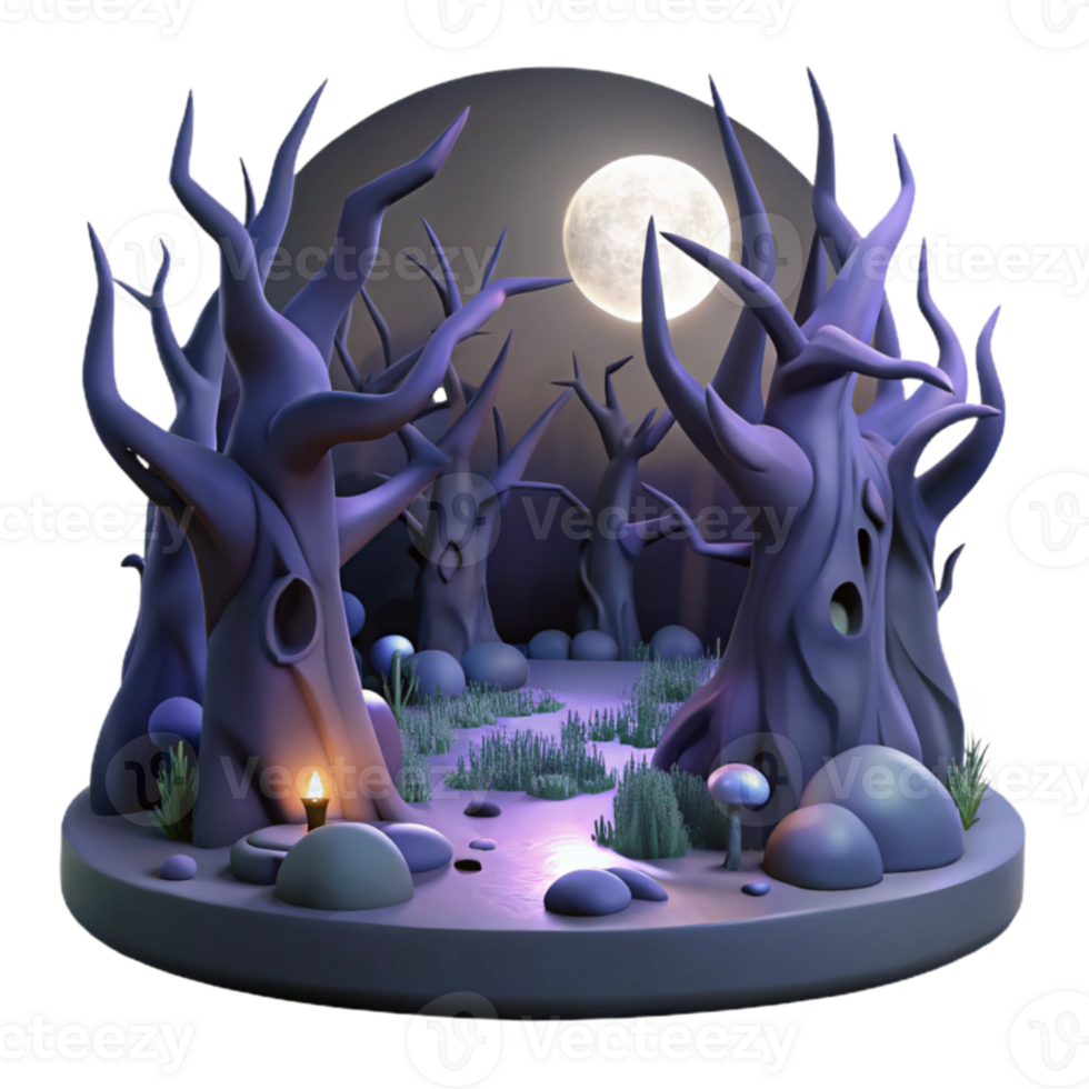Enchanted Forest Spooky Night Scene with Moon png