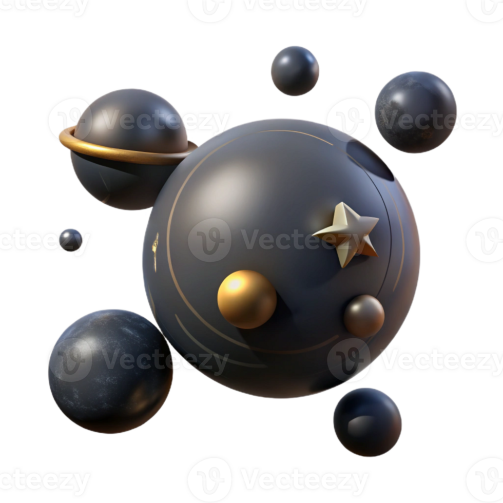 Abstract Cosmic Sphere Composition Gold, Stars, and Dark Planets png