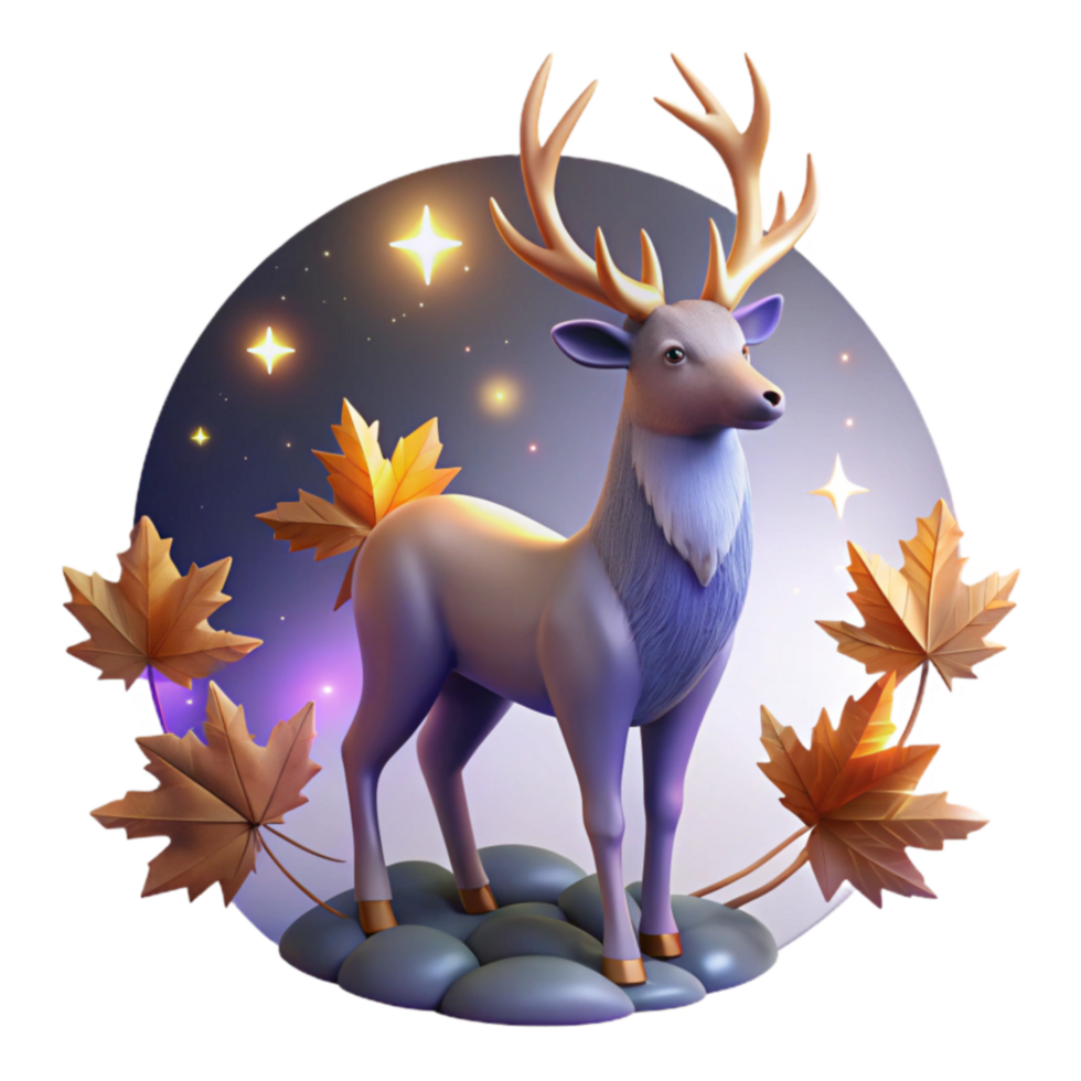 Autumn Deer Night Sky, Maple Leaves, 3D Render png