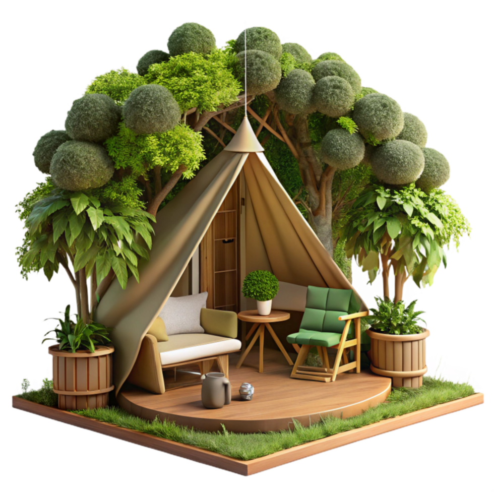 Serene Glamping Tent in Lush Garden Setting png