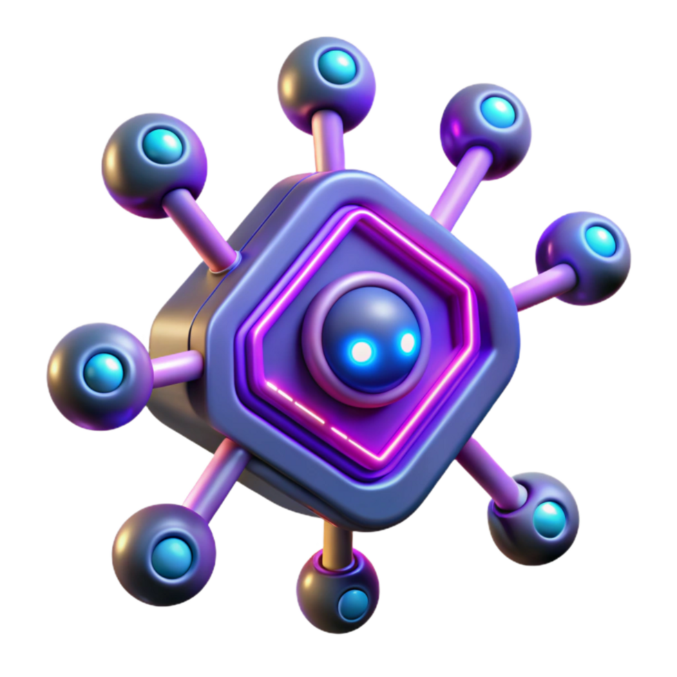 Neon-lit Network Node 3D Render of Connected Robot png