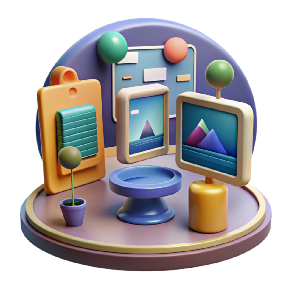 3D Render Abstract Gallery Display with Colorful Artwork png