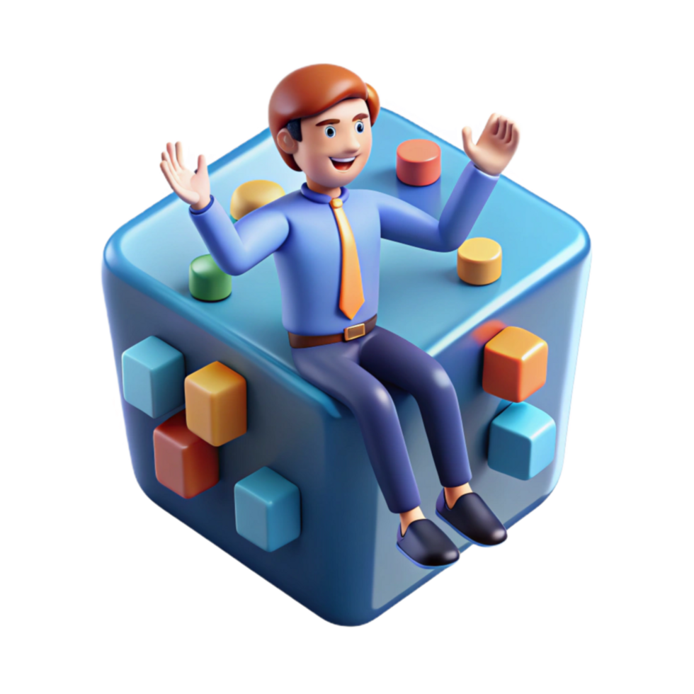 3D Cartoon Businessman on Colorful Cube Success, Innovation, and Growth png