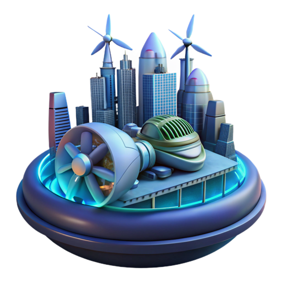 Future City with Hovercraft and Wind Turbines png
