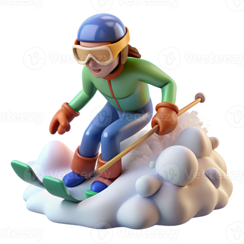 3D Cartoon Skier on Snowy Mountain png
