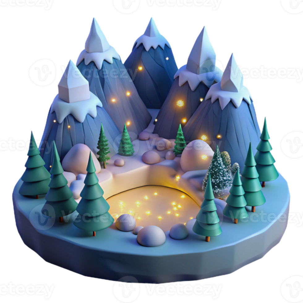 Enchanted Winter Mountain Landscape with Glowing Pond png