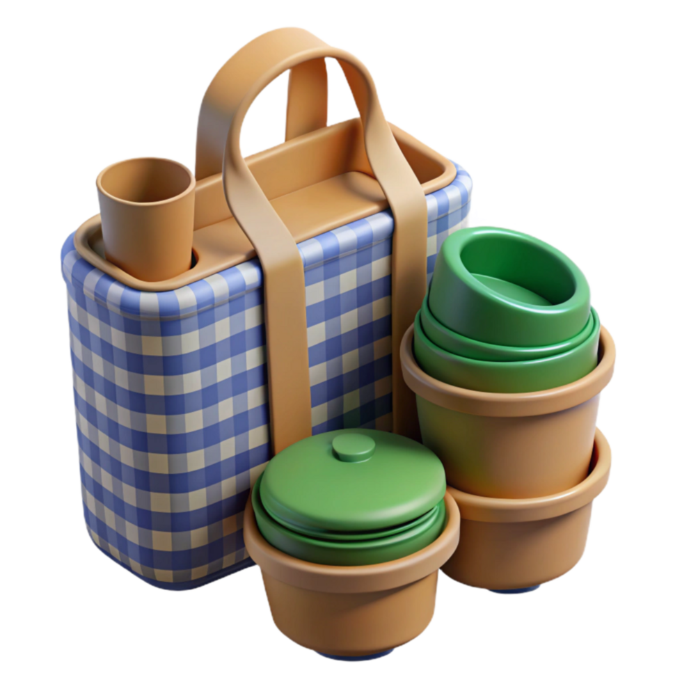 Gingham Picnic Basket with Stackable Cups and Containers png