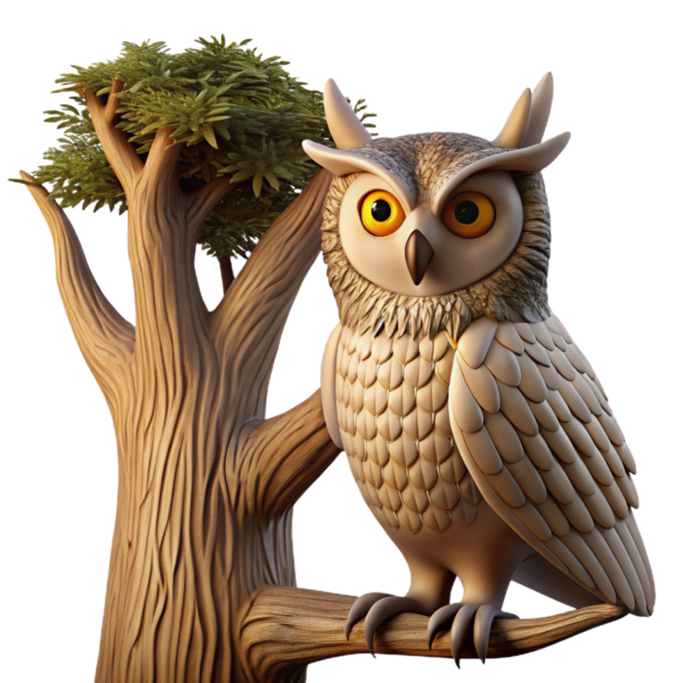 Cartoon Owl on Tree Branch 3D Render png