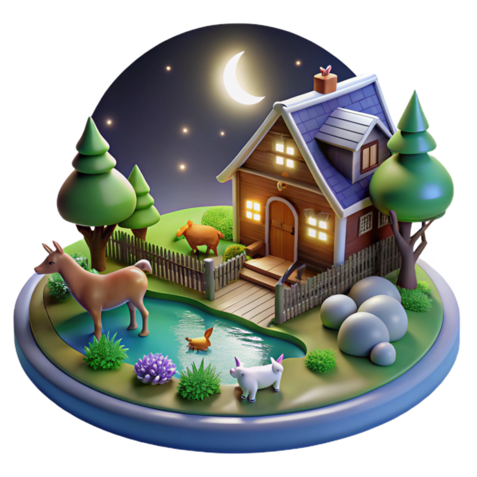 Nighttime Cottage, Animals, Pond, 3D Render png
