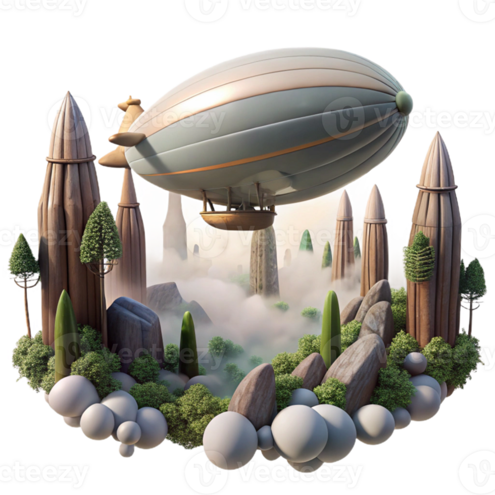 Airship Over Misty Fantasy Landscape png