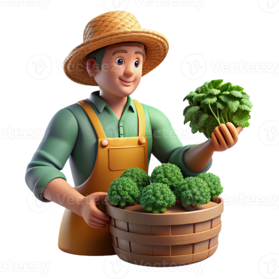 Farmer Harvesting Fresh Broccoli and Herbs png