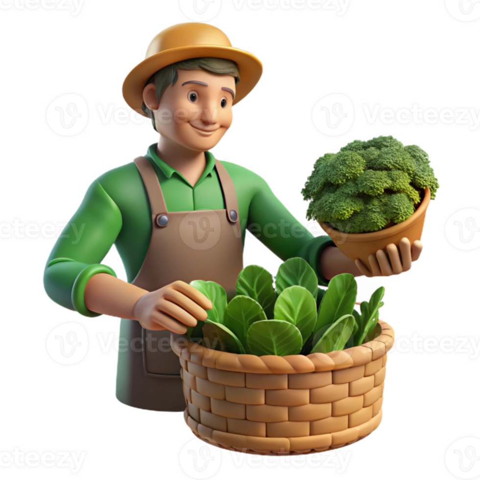 Farmer Harvesting Fresh Greens and Broccoli png