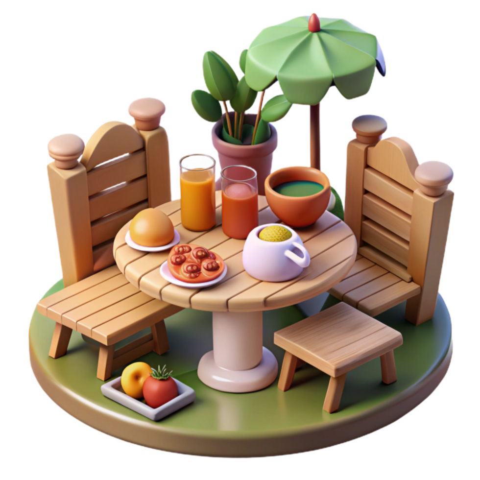 Relaxing Outdoor Breakfast Scene Table, Chairs, and Food png